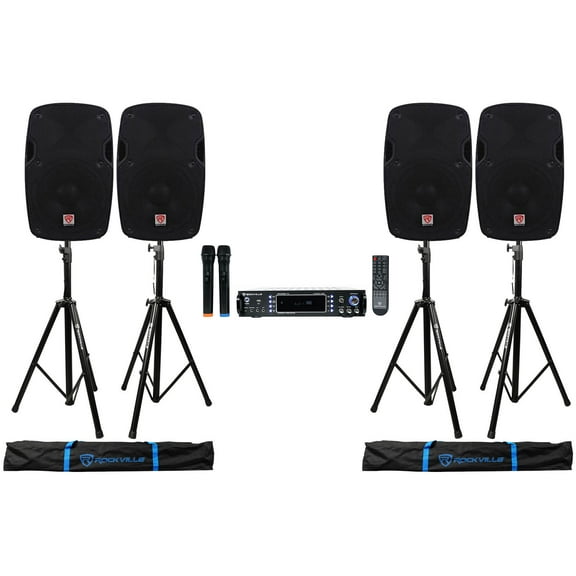 Rockville  Bluetooth Karaoke Amplifier/Mixer(2) Mics (4) 8" Speakers Stands
