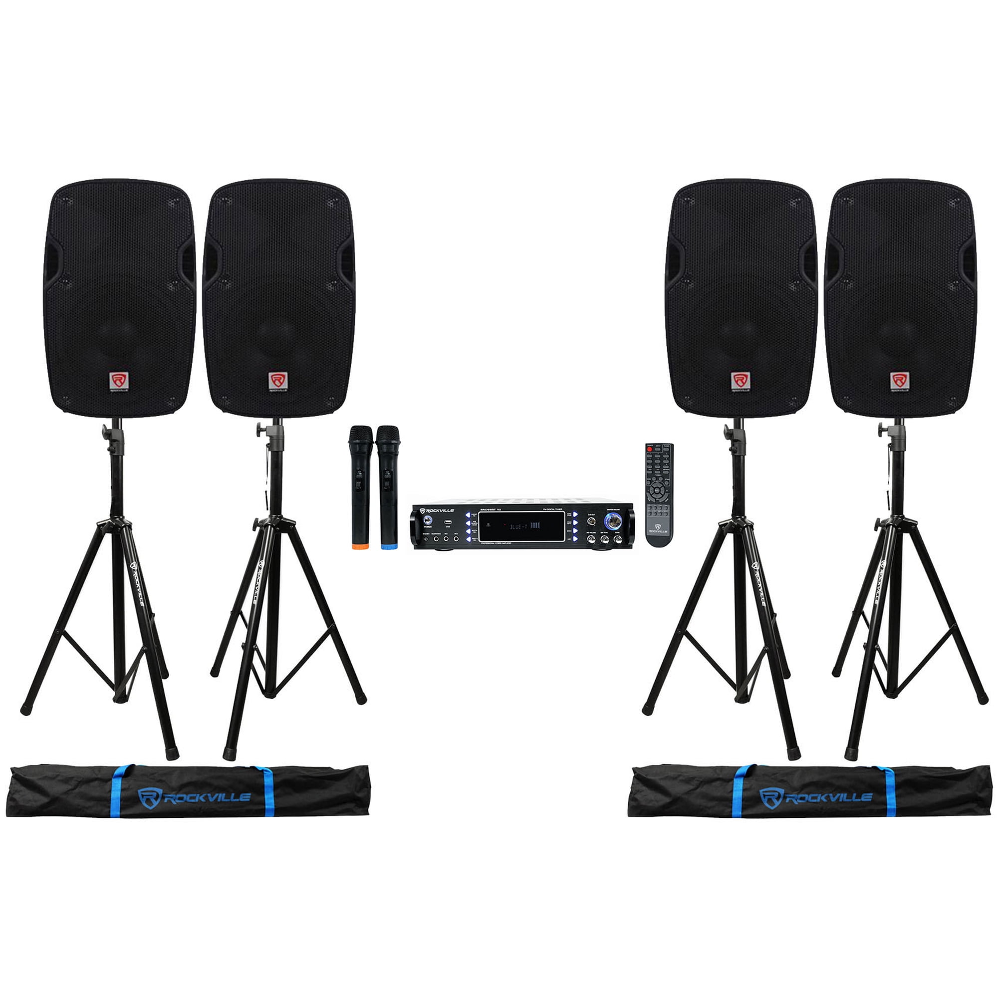 Rockville Bluetooth Karaoke Amplifier/Mixer(2) Mics+(4) 8 Speakers+Stands