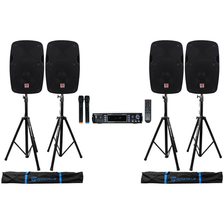 Rockville Bluetooth Karaoke Amplifier/Mixer(2) Mics+(4) 8 Speakers+Stands
