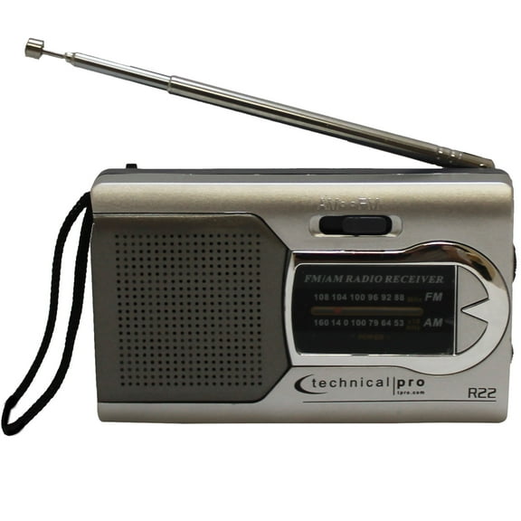 Technical Pro R22 Battery Pocket-Size Portable AM/FM Radio with Wrist Strap, Silver