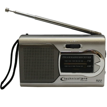 Technical Pro R22 Battery Pocket-Size Portable AM/FM Radio with Wrist Strap, Silver