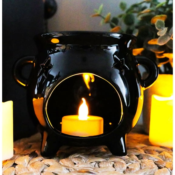 Wicca Witchcraft Pentagrams Black Cauldron Essential Oil Warmer Candle Holder