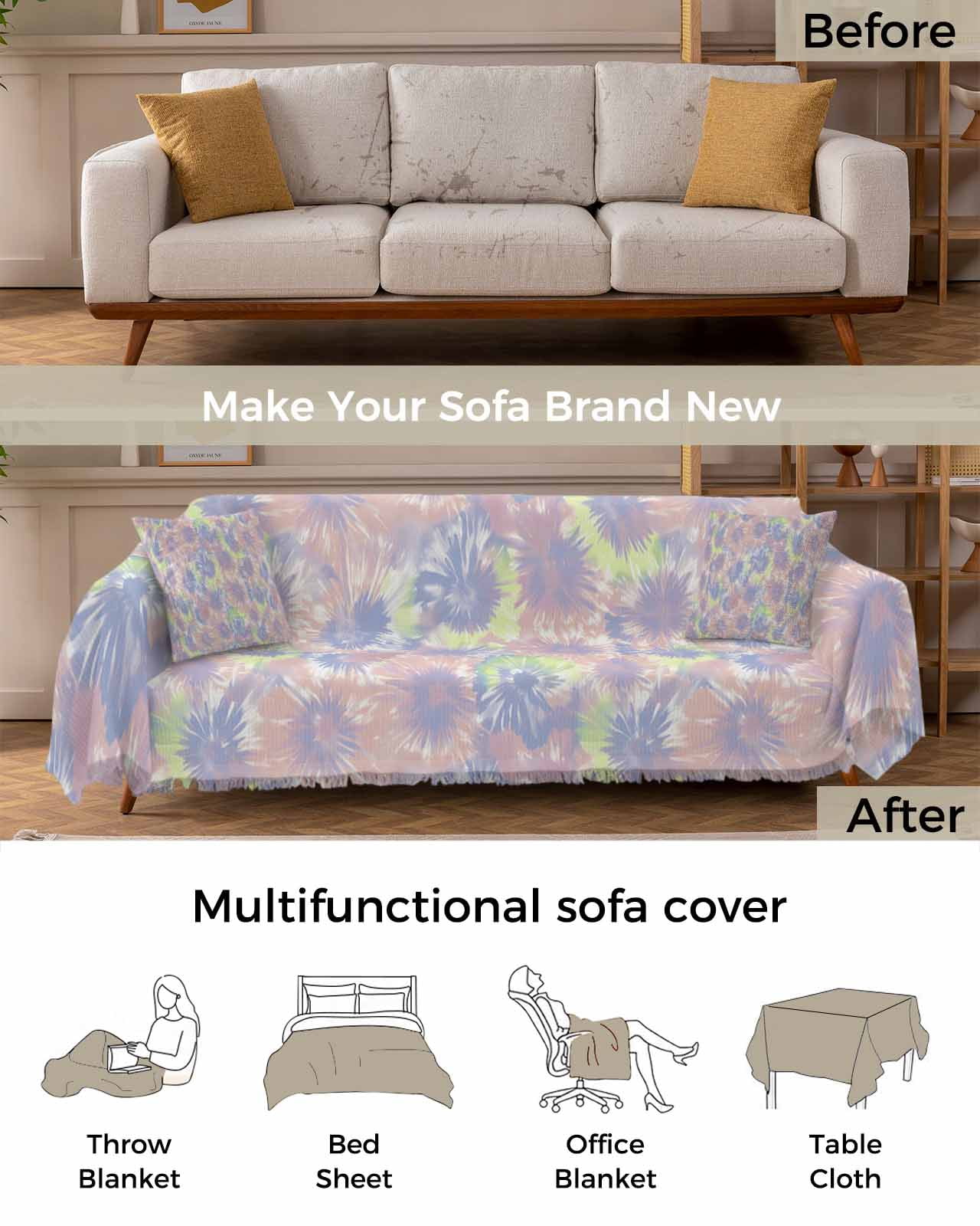 Navy Blue Tie Dye Sofa Couch Covers for Dog,Washable Sofa Throw Cover Single Slipcoverfor Armchair with Tassels,Rainbow Stained Abstract Boho Tribal Art Couch Protector Towel Blanket Medium 71x91