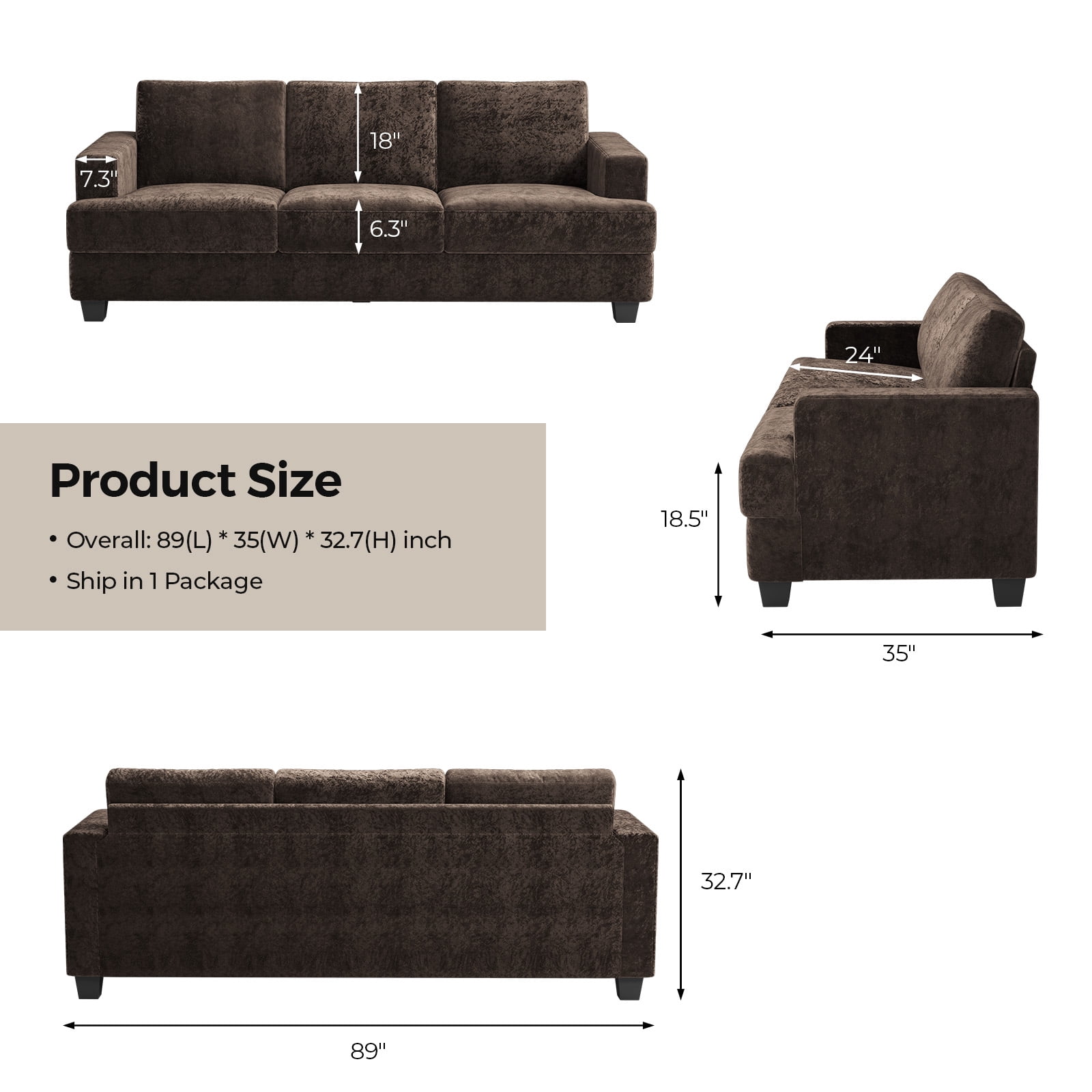 BLAZANT 89" Extra Deep Seats Oversize, Chenille Fabric 3 Seater Sofa for Living Room, Modern Couch and Sofa, Comfy Armrests and Seats and Backrests, Easy Installation,Dark Brown