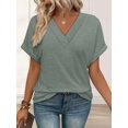 thumbnail image 4 of Womens Short Sleeve Sweater Waffle Knit Tops V Neck Spring Summer T Shirts Casual Blouses Outfits Green S, 4 of 8
