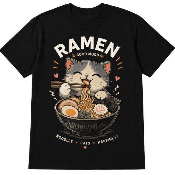 Restock Plus Size Anime Cat Ramen T-Shirt - Japanese Kawaii Cat Graphic Tee for Men - Round Neck Short Sleeve Casual Streetwear Top - Spring Fashion - Shortsleeve