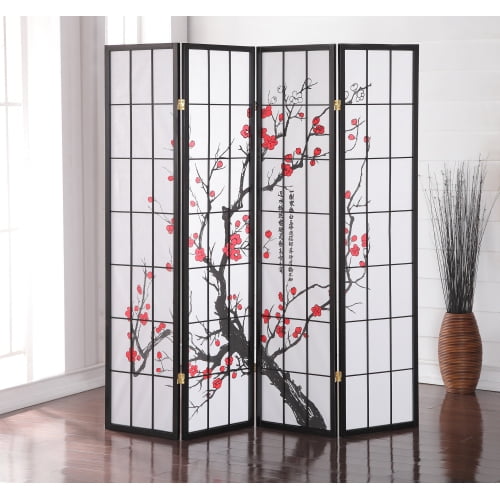 4 Panel Folding Room Divider Japanese Plum Blossom Rice Paper Privacy Screen Black Wooden Frame