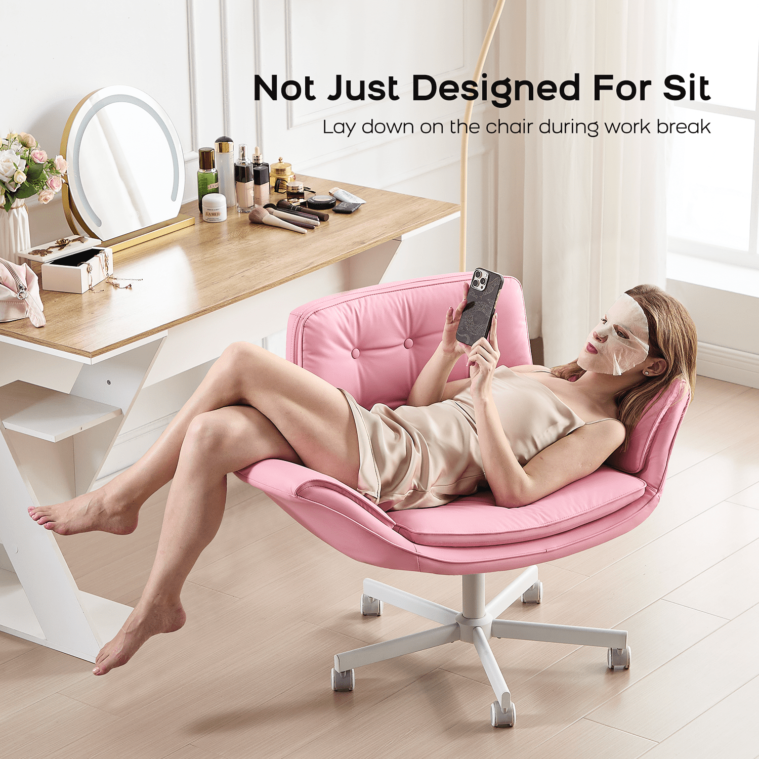 TMV Criss Cross Chair with Wheels & Armrests, Comfy Wide Vanity Chair, PU Leather Cross Legged Desk Chair, Height Adjustable Computer Office Desk Chairs for Home＆Makeup＆Bedroom，Pink