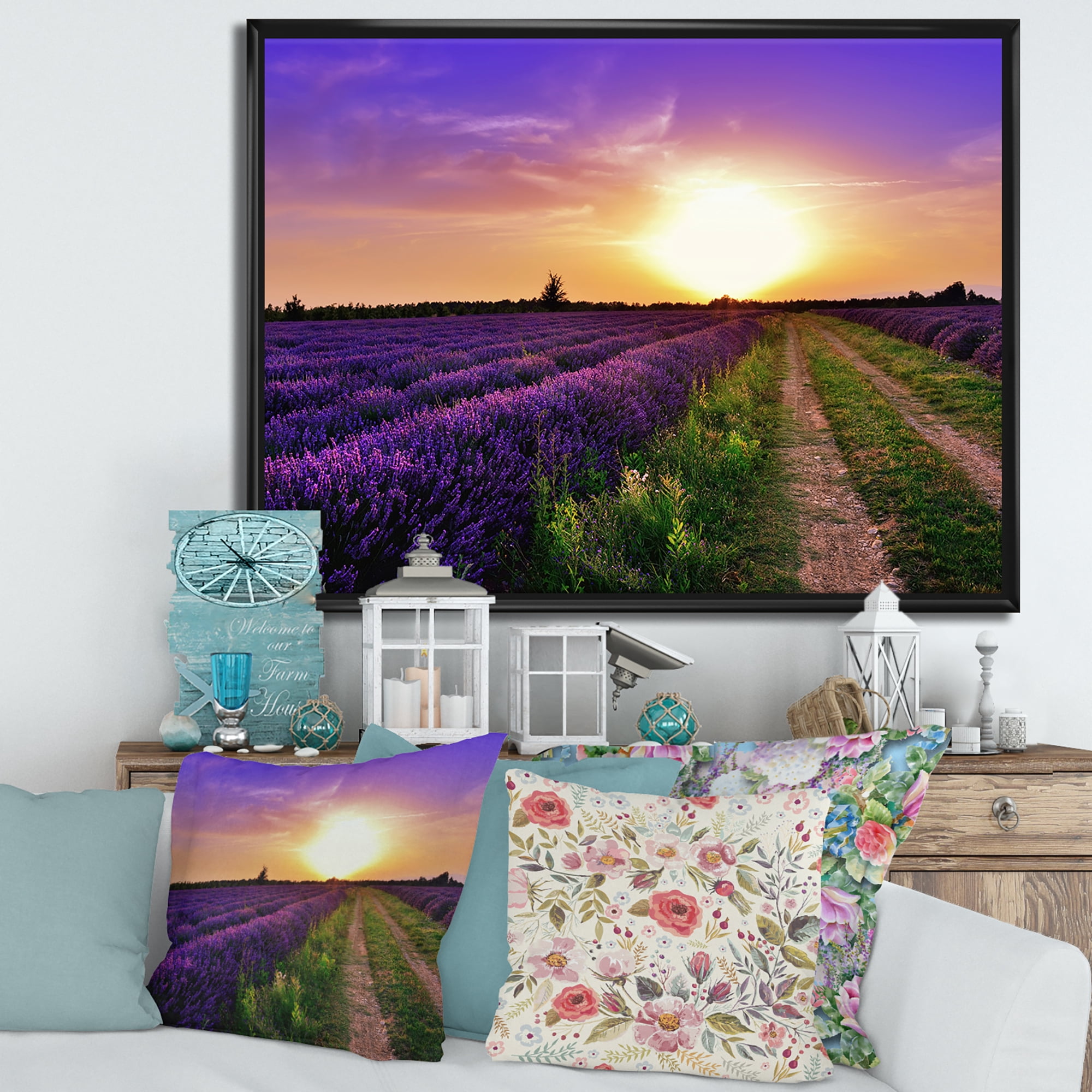 Designart 'Lavender Field At Sunrise II' Farmhouse Framed Canvas Wall Art Print