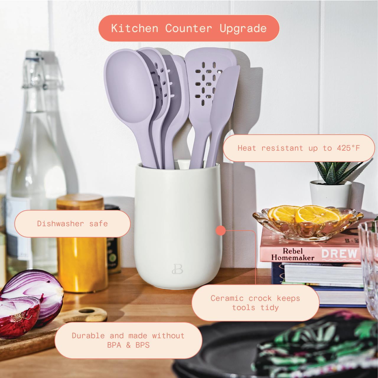Beautiful 6-Piece Silicone Tool Set with Ceramic Crock, Lavender by Drew Barrymore