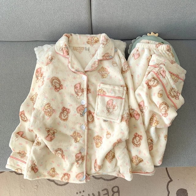 Pijamas de lana Coral gruesos de invierno para mujer, conjunto de ropa para el hogar de manga larga, traje de dos piezas de franela bonito de dibujos animados, ropa de dormir cálida