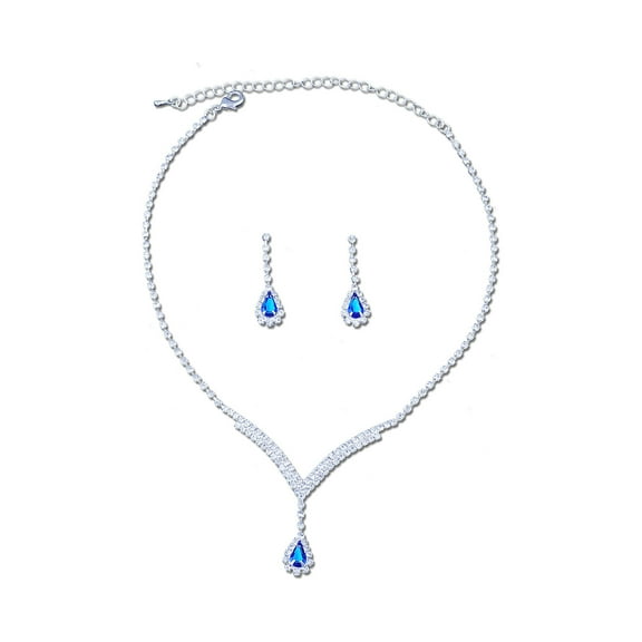 Silver Crystal Rhinestone V Neck with Dangle Sapphire Teardrop Necklace and Matching Drop Earrings Jewelry Set
