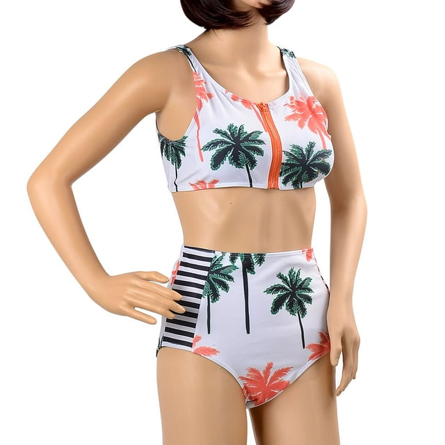 Maillot de Bain Bikini Taille Haute Imprimé Cocotier pour Femmes