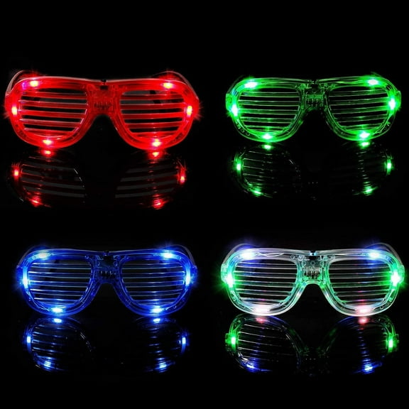 SHANJIA Party Glasses,Fluorescent Neon Glasses, 4 Pack LED Plastic Shutter Shades Glasses, Glow in The Dark New Year Party Supplies Favors