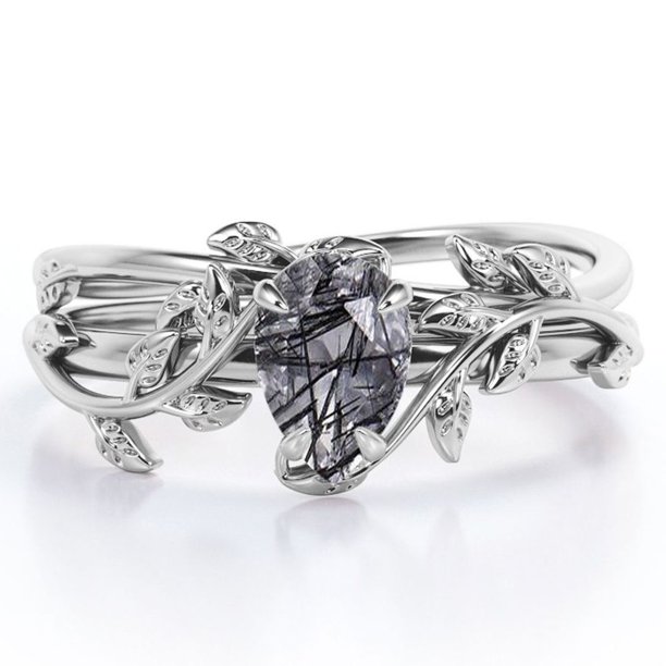 JeenMata Anillo Nupcial con Diseño de Hojas de Cuarzo Rutilado Negro Druzy Transparente en Forma de Lágrima de 1 Quilate con Engaste en Garras en Baño de Oro Blanco de 18 K sobre Plata