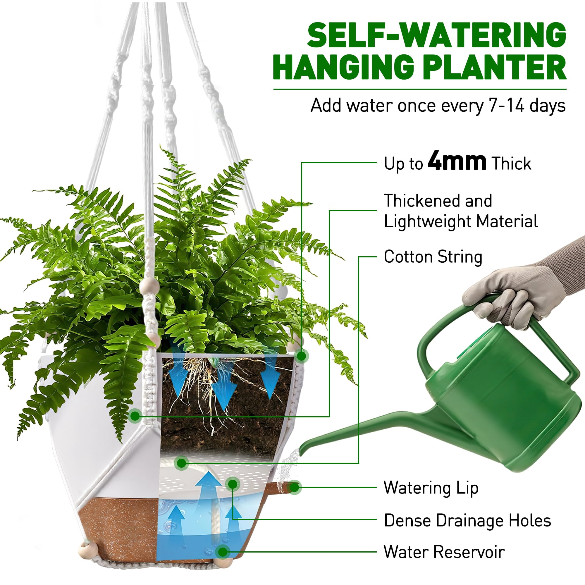 3-Pack Self Watering Hanging Plant Pots with Macrame Hangers, Plastic Planters with Drainage Holes and Saucers, Indoor Outdoor Flower Pots, Includes 3 Ceiling Hooks, 7"/6"/5.5" (White)