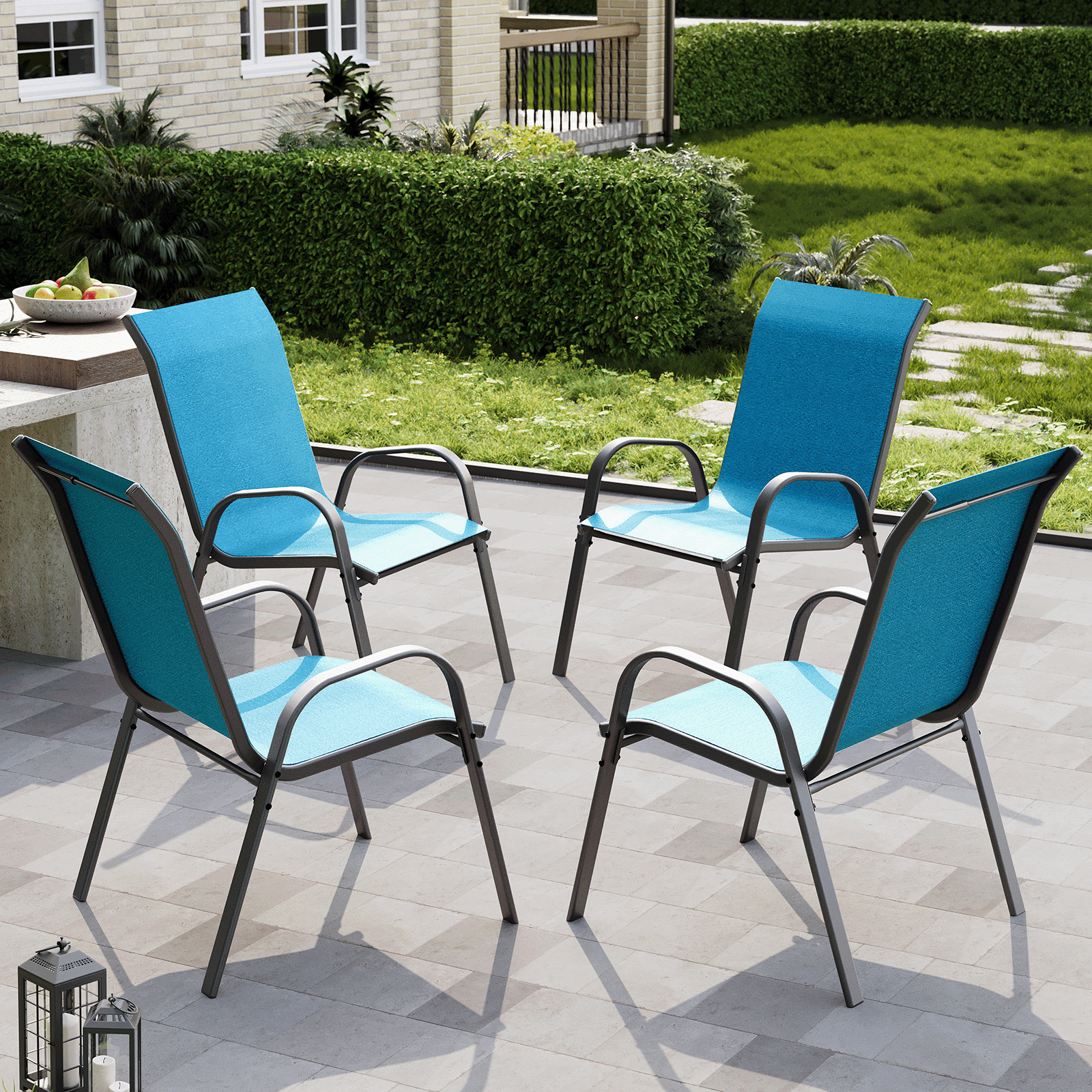 AMOPATIO Patio Chairs Set of 4, Outdoor Stackable Dining Chairs for All Weather, Breathable Garden Outdoor Furniture for Backyard Deck, Blue
