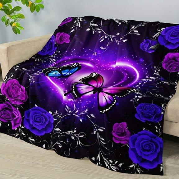 Dreamy Softness Butterfly Floral Print Flannel Blanket Ultra-Warm Multi-Purpose All-Season Throw for Couch Sofa Office Bed Camping Travel Perfect Gift for Family and Friends
