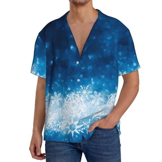 Balery Blue Glitter Sparkles Camisa Casual de Manga Corta con Botones para Hombre, Texturizada, Estilo Cubano, para Playa, Verano-Large