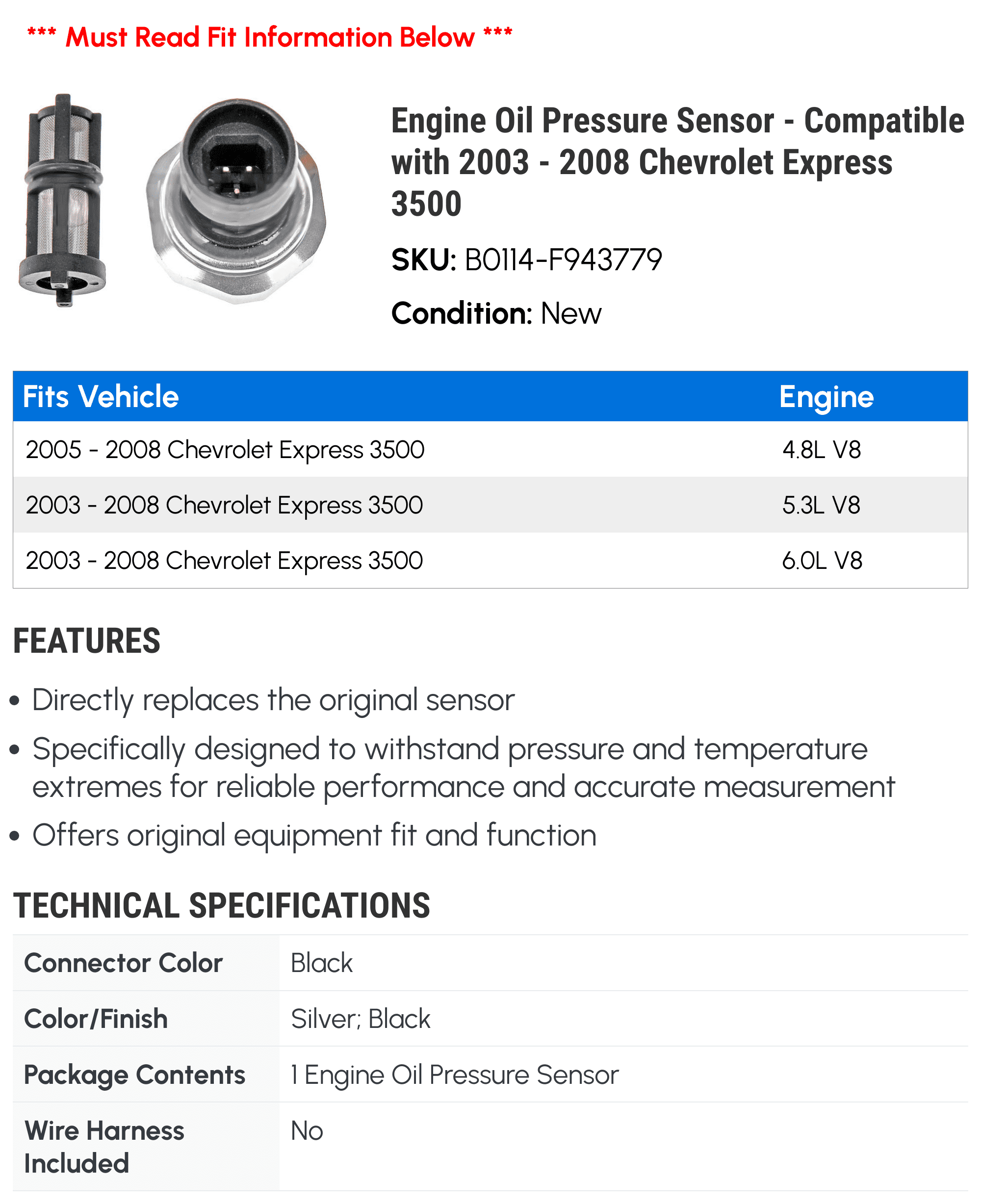 Engine Oil Pressure Sensor - Compatible with 2003 - 2008 Chevrolet Express 3500 - Dorman