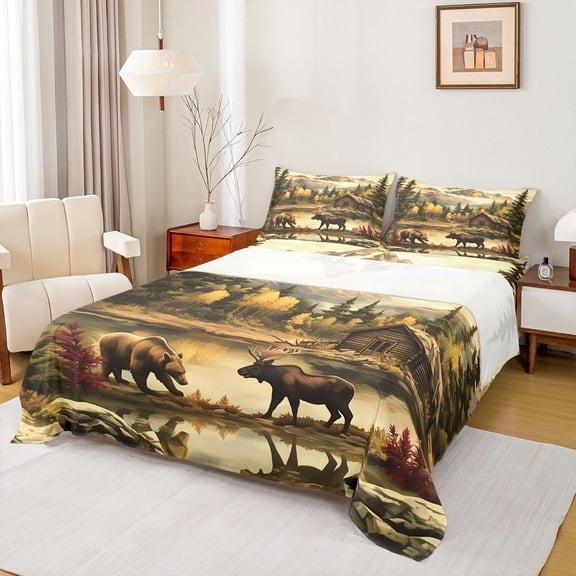 Homewish Safari Bear Moose Twin Sheet Sets,Rustic Farmhouse Cabin Twin Fitted Sheet,Autumn Country Plant Flat Sheet For Boys Teens,Super Cozy Room Decor,3 Pieces