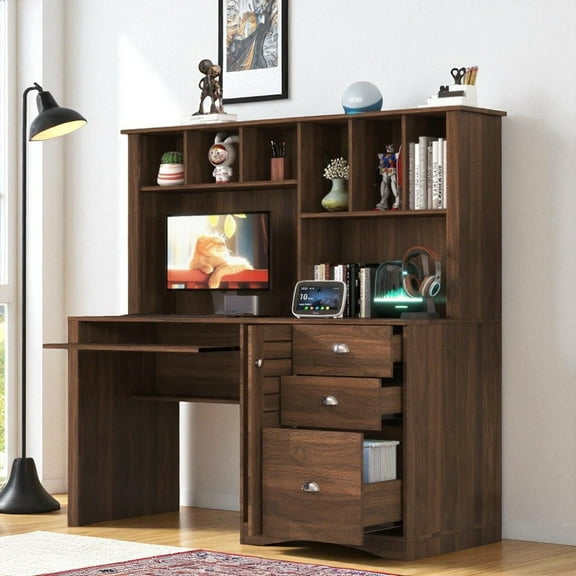 GZXS Home Office Computer Desk with Storage Hutch and Keyboard Tray, 3 Drawers, Open Shelves and Hidden CPU Cabinet, 59"W Large Workstation Table (Walnut)