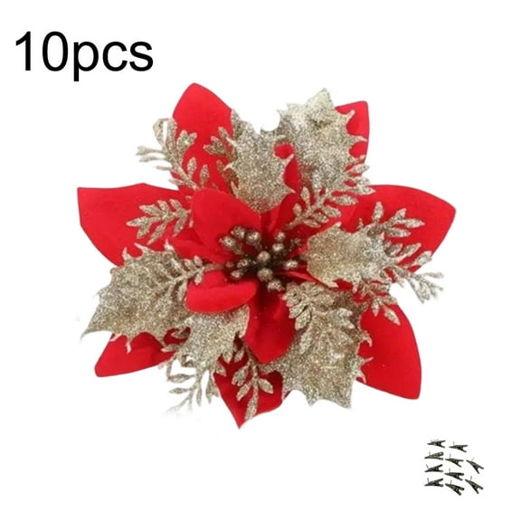10pcs Christmas Tree Flower Decorations with Clips – 5.5in Artificial Poinsettia Ornaments for Xmas Tree & Party Decor – Holiday Decoration Set