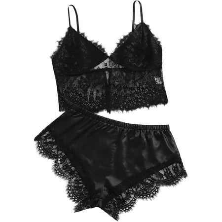 

tyddefre Women s Lingerie Solid Floral Lace Cami Top with Shorts 2 Piece Set Sexy Lingerie Pajama Set