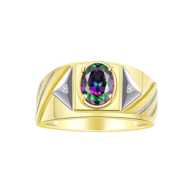 RYLOS Men's Rings Yellow Gold Plated Silver Rings Classic Designer Style 8X6MM Oval Gemstone & Diamond Ring Alexandrite Birthstone Rings For Men Size 12