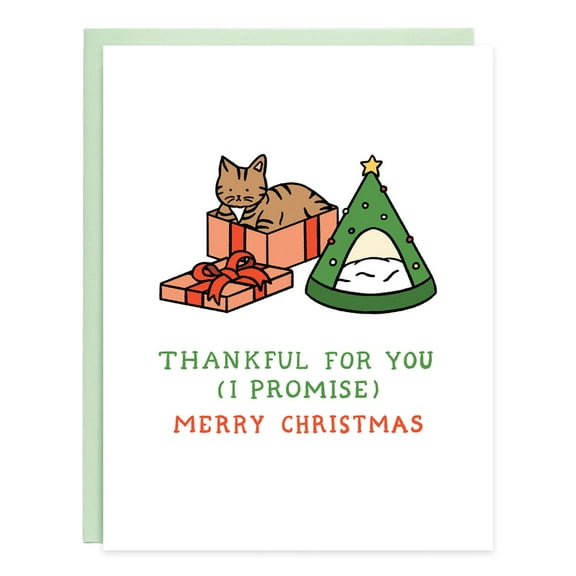Thankful for You Christmas Card – Cute Cat and Tree Design – Envelope Included, Blank Inside – Perfect for Sending Holiday Cheer to Friends and Family