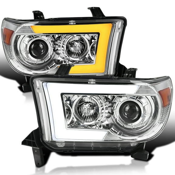 Spec-D Tuning Chrome Projector Headlights w/ LED Sequential Signal Compatible with 2007-2013 Toyota Tundra, 2008-2017 Toyota Sequoia, Left   Right Pair Headlamps Assembly
