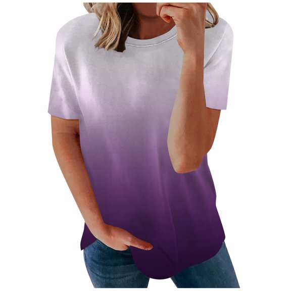 IROINNID Fashion T-Shirts For Women Summer Loose Gradient Print Round-Neck T-Shirt Short Sleeve Casual Blouse Spring