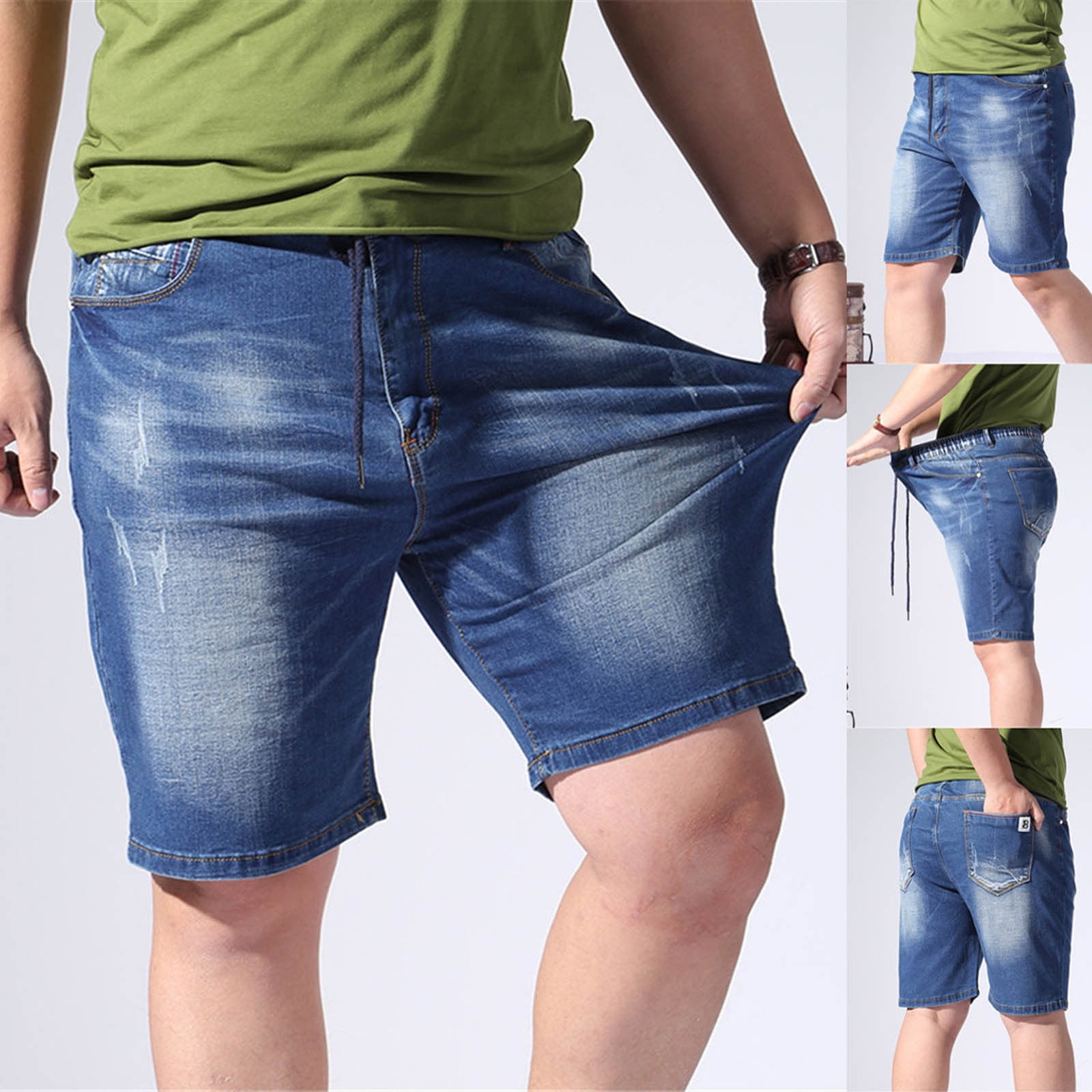 Men Loose Denim Shorts Hip Hop 3/4 Length Jeans Baggy Roll Up Cargo Pocket  Work