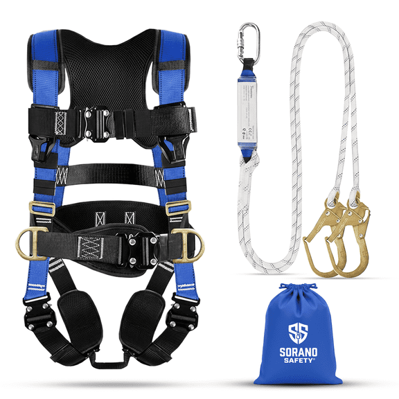 Sorano Safety Harness Fall Protection – Upgraded 4 Quick Buckles, Roofing Harness Kit for Men, Full Body Construction Harness with Shock-Absorbing Lanyard