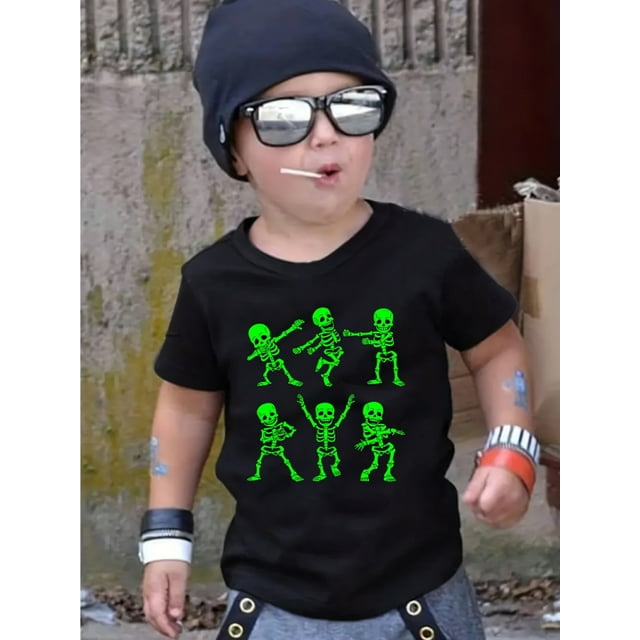 Halloween T-shirt -Boys' Dancing Skeleton Graphic T-Shirt - Comfortable Cotton Blend, Short Sleeve, Round Neck, Ideal for Halloween & Party Wear, Halloween T Shirt