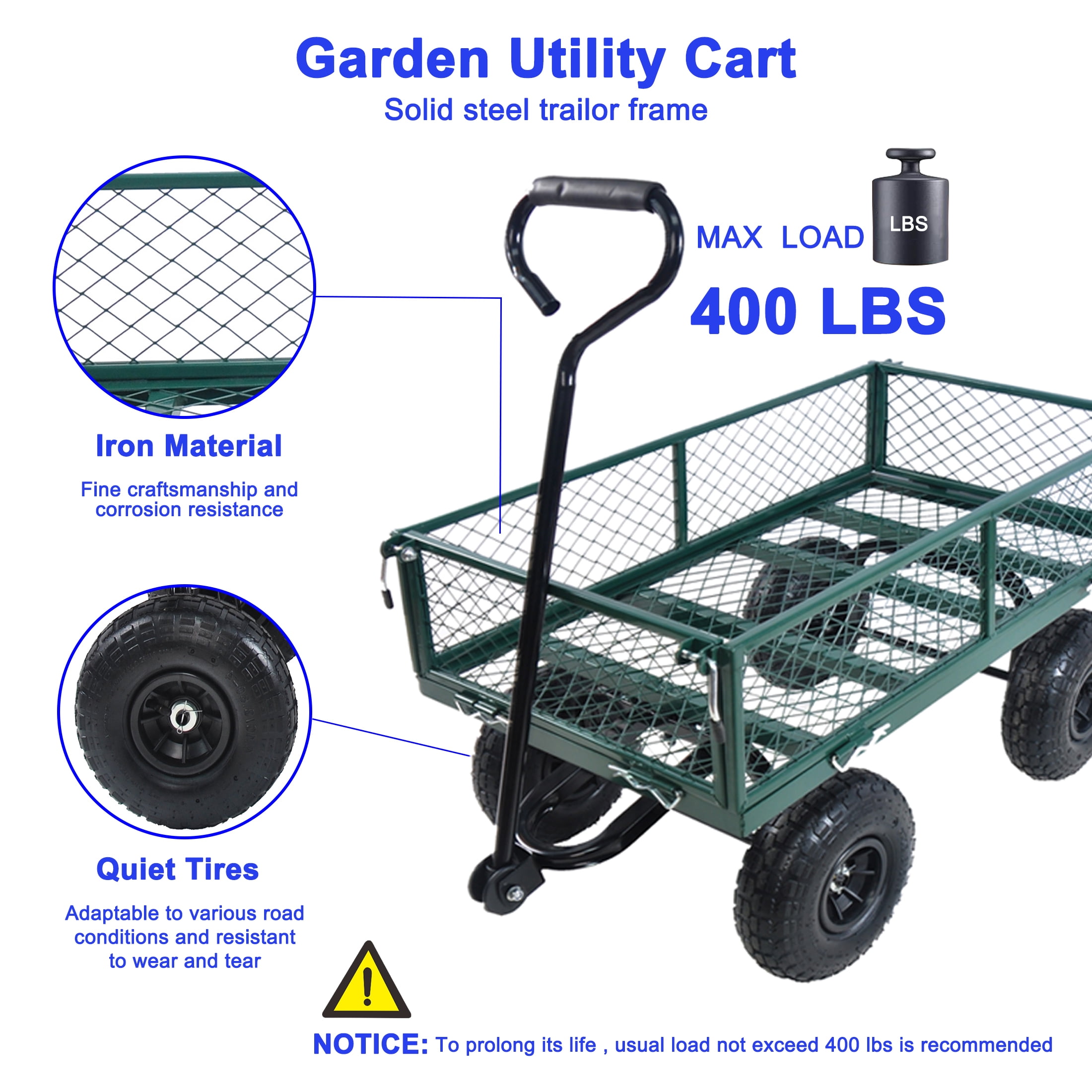 Garden Wagon Cart, 550lbs Heavy-Duty Utility Cart with 10" Pneumatic Tires, Removable Sides & 180° Steering Handle, Foldable Firewood Cart for Yard, Green