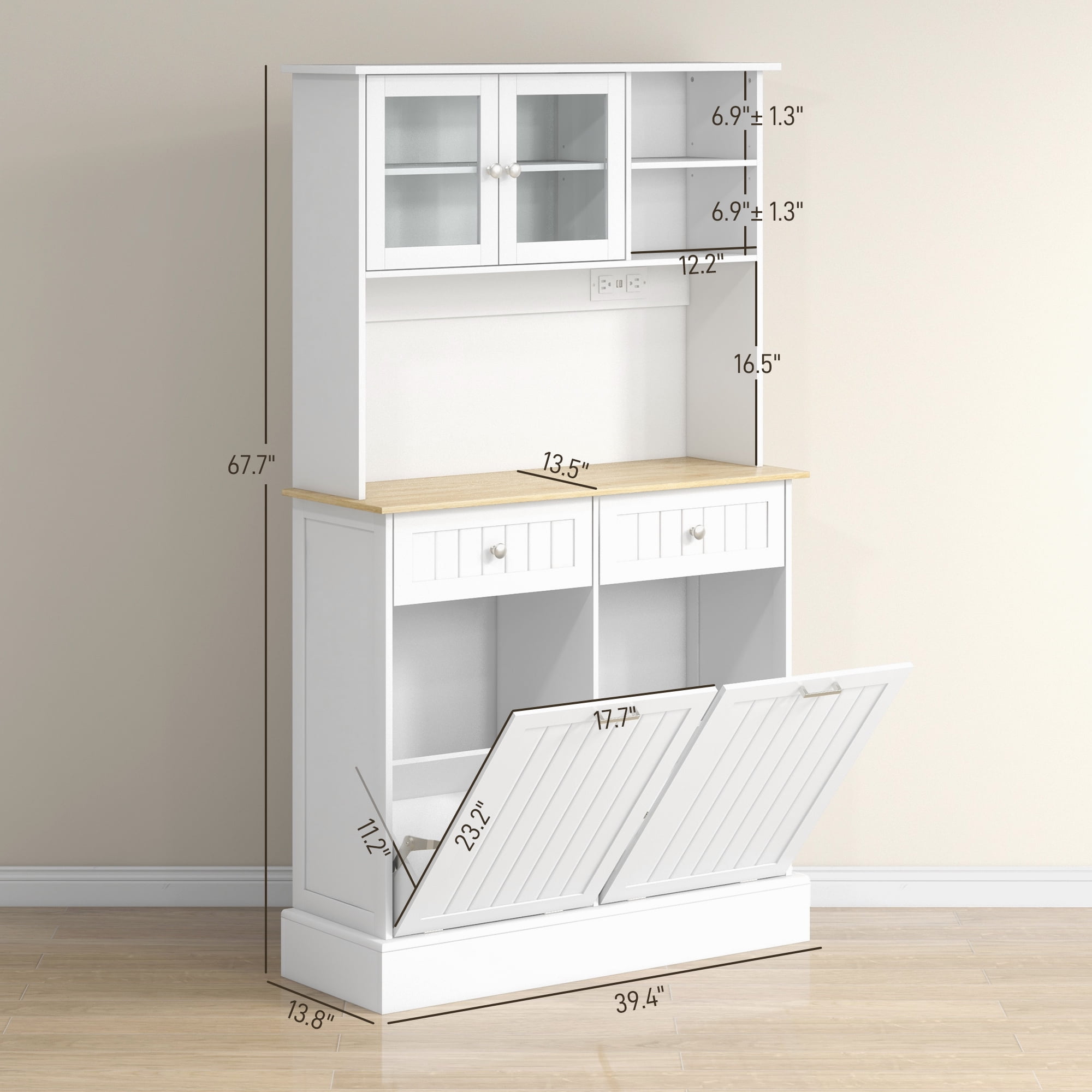 HOMCOM 68" Kitchen Pantry Cabinet with Charging Station, 2 Tilt Out Trash Cabinets and Microwave Stand, Modern Storage Cabinet, White