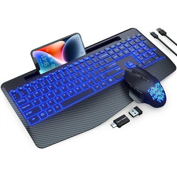 ERDS-Wireless Keyboard and Mouse Backlits, Wrist Rest, Jiggler Mouse, Rechargeable Ergonomic Keyboard with Phone Holder, Silent Light Up Combo for Computer, Mac, PC, Laptop, Chromebook (Black)