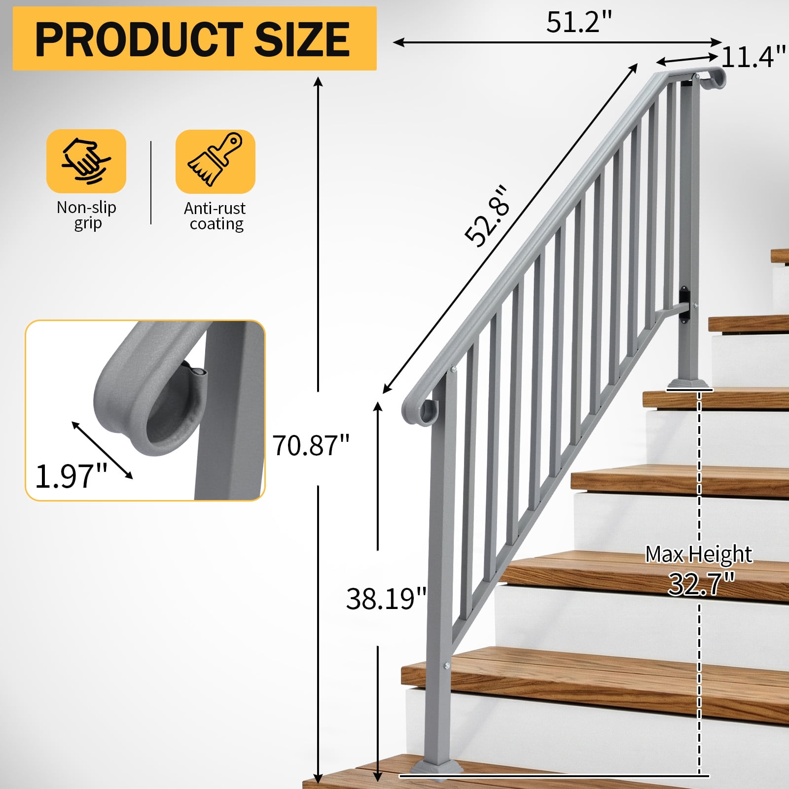 Silver Powder Coated Galvanized Iron Stair Handrail Curved Step Railing Fit 4-5 Steps Outdoor Garden Safety Iron Picket Rail With Installation Hardware
