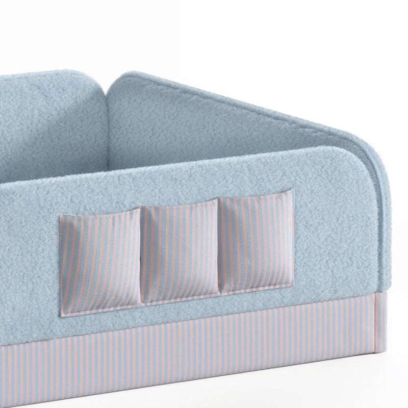 Full Size Kid's Upholstered Floor Bed Frame, Montessori-Style Low Profile Platform Bed with Safety Guardrail & Storage Pockets