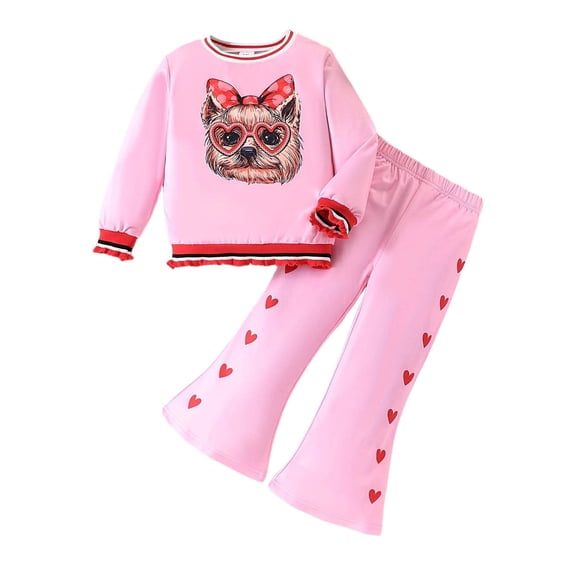 WOYY Valentine's Day Girls Outfits Cute Cartoon Puppy Print Sweatshirt Flared Pants Set, Sizes 2-3T