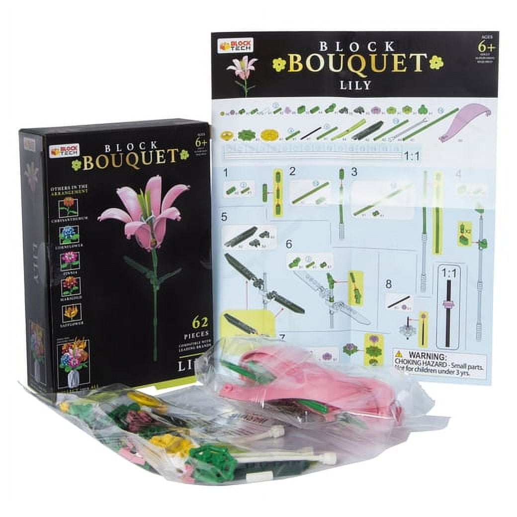 Block Tech Block Bouquet Building Set - Flower Style: Lily - 62 Pieces - Age 6+