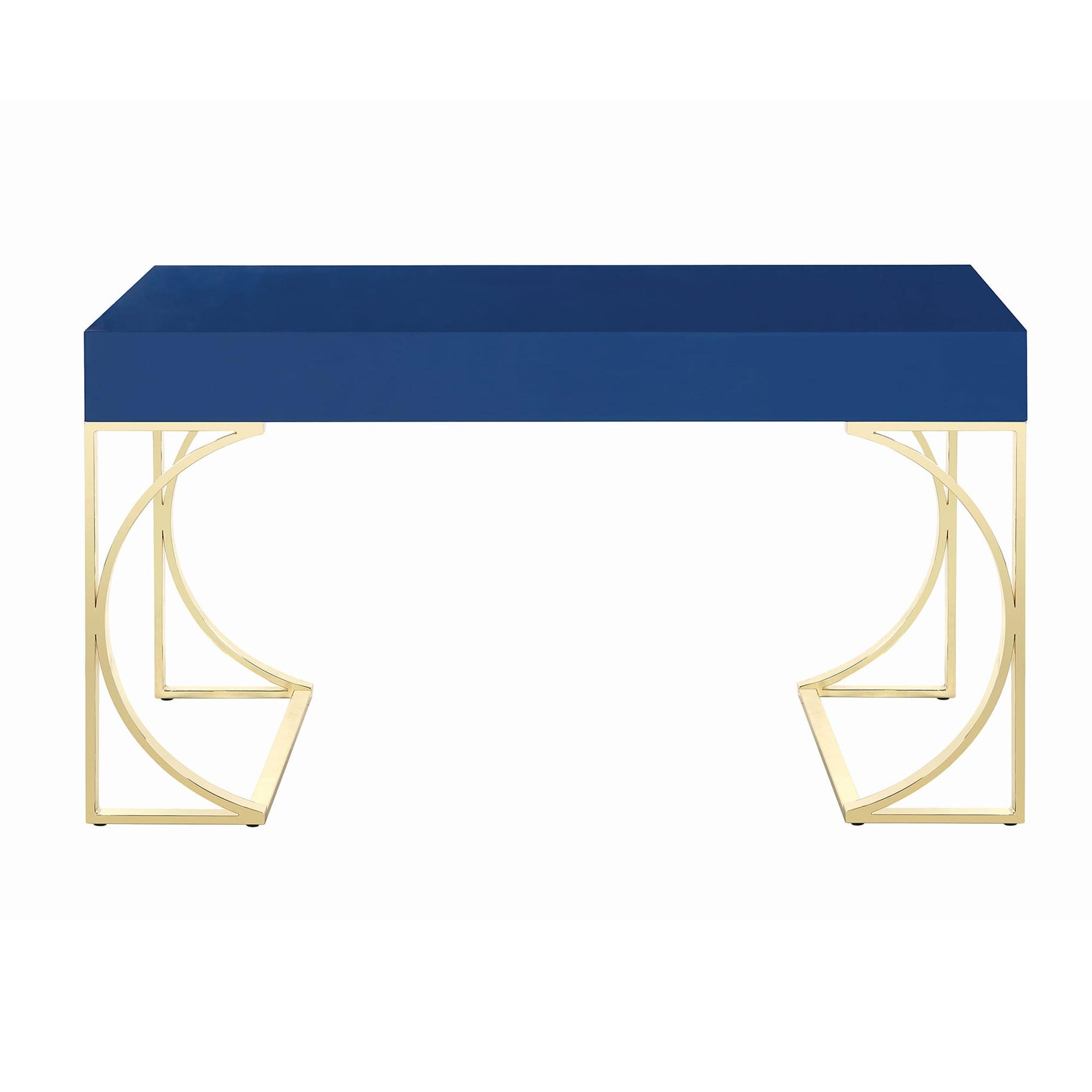 Writing Desk with Metal Legs and 2 Storage Drawers, Blue and Bronze
