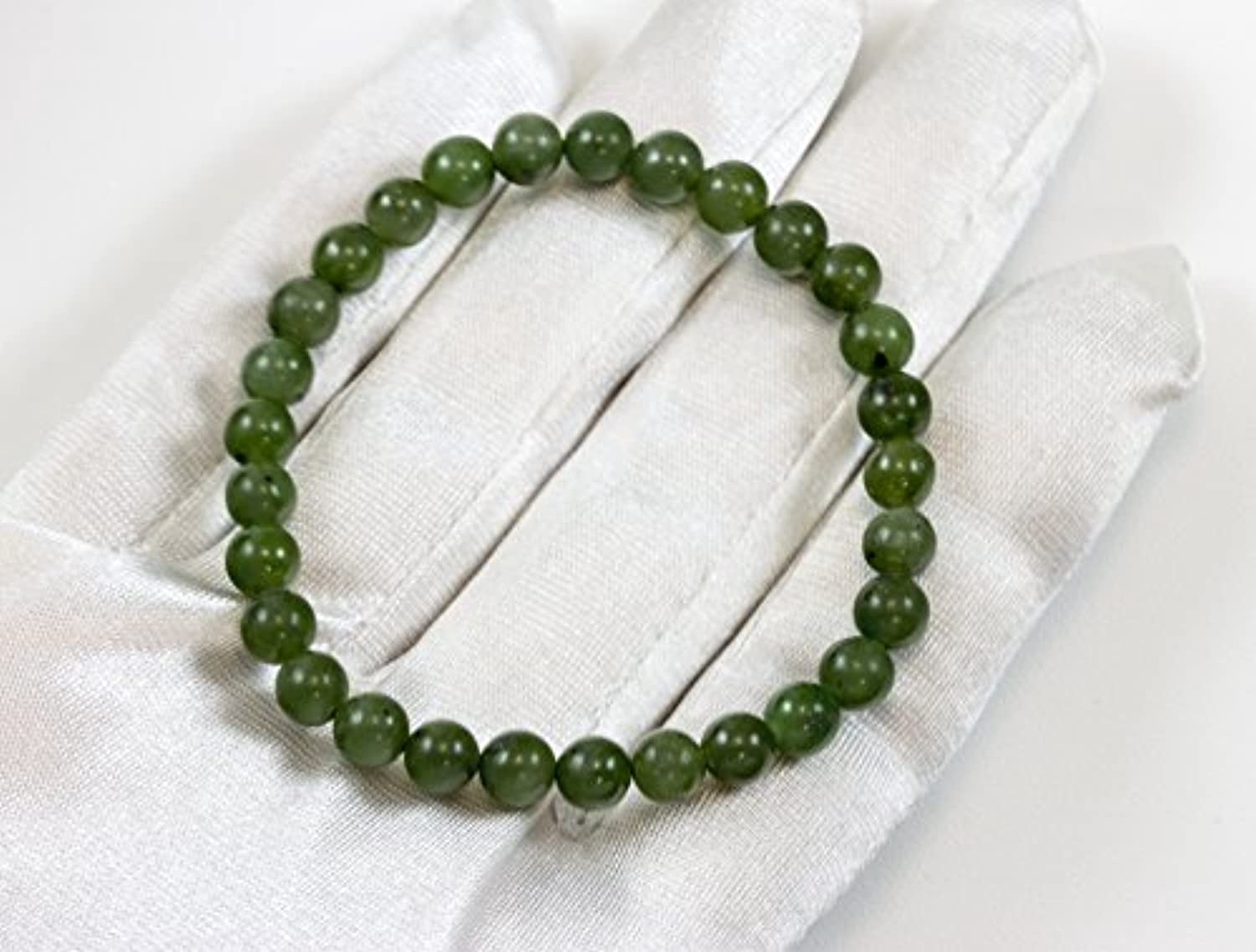 Jade Bracelet Green Nephrite Smooth Round Stones Stretch Style Adjustable, 7" Designed for Adult Women