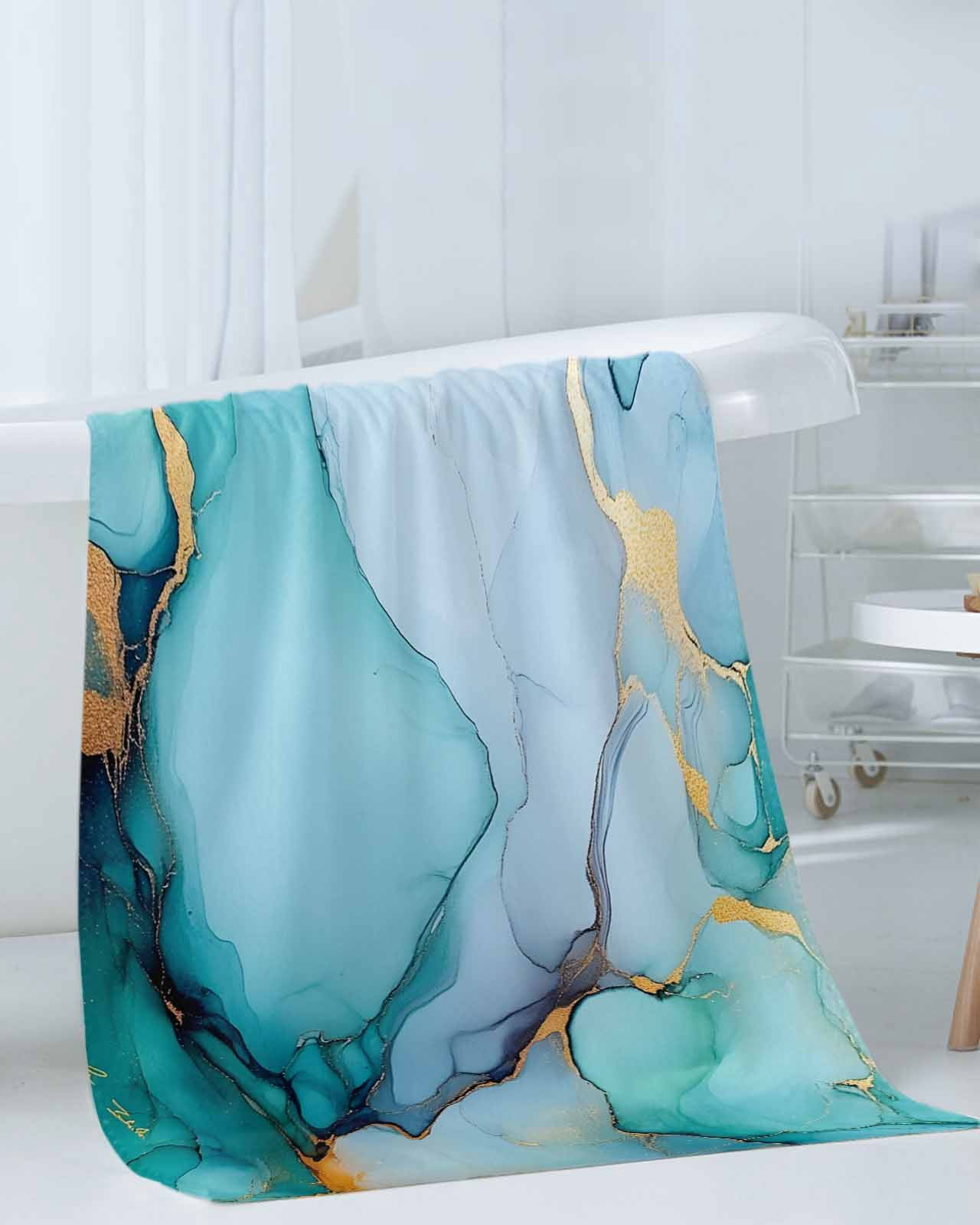 Turquoise Marble Towel Set of 3, Soft Microfiber Bath Towels, Hand Towel, Washcloths, Abstract Green Modern Luxury Cracks Quick-Dry Absorbent Towels for Bathroom Kitchen Hotel Beach Gym Spa