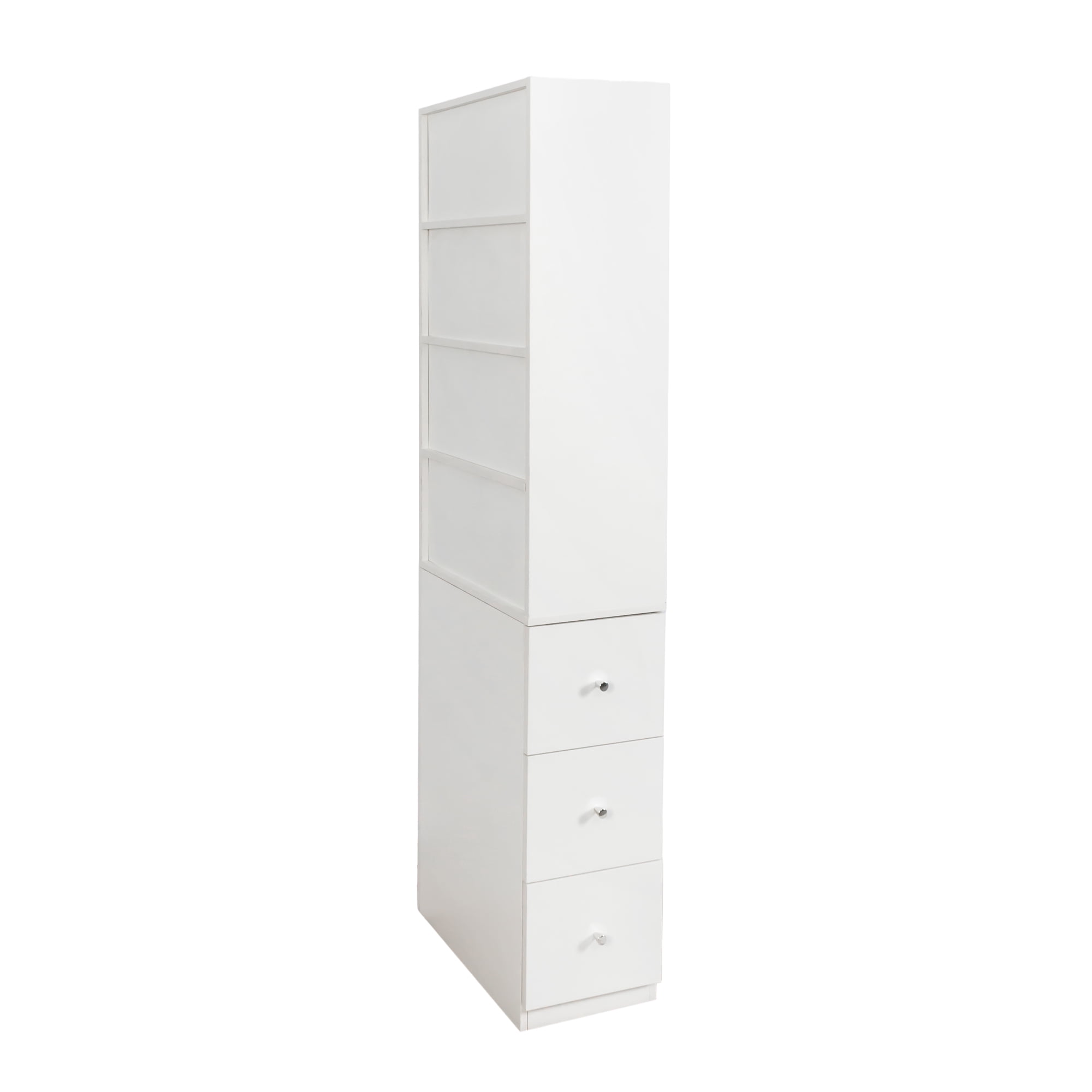 Tall Display Storage Cabinet 4-Tier Shelf 3 Side Drawers Bookcase for Living Room, White