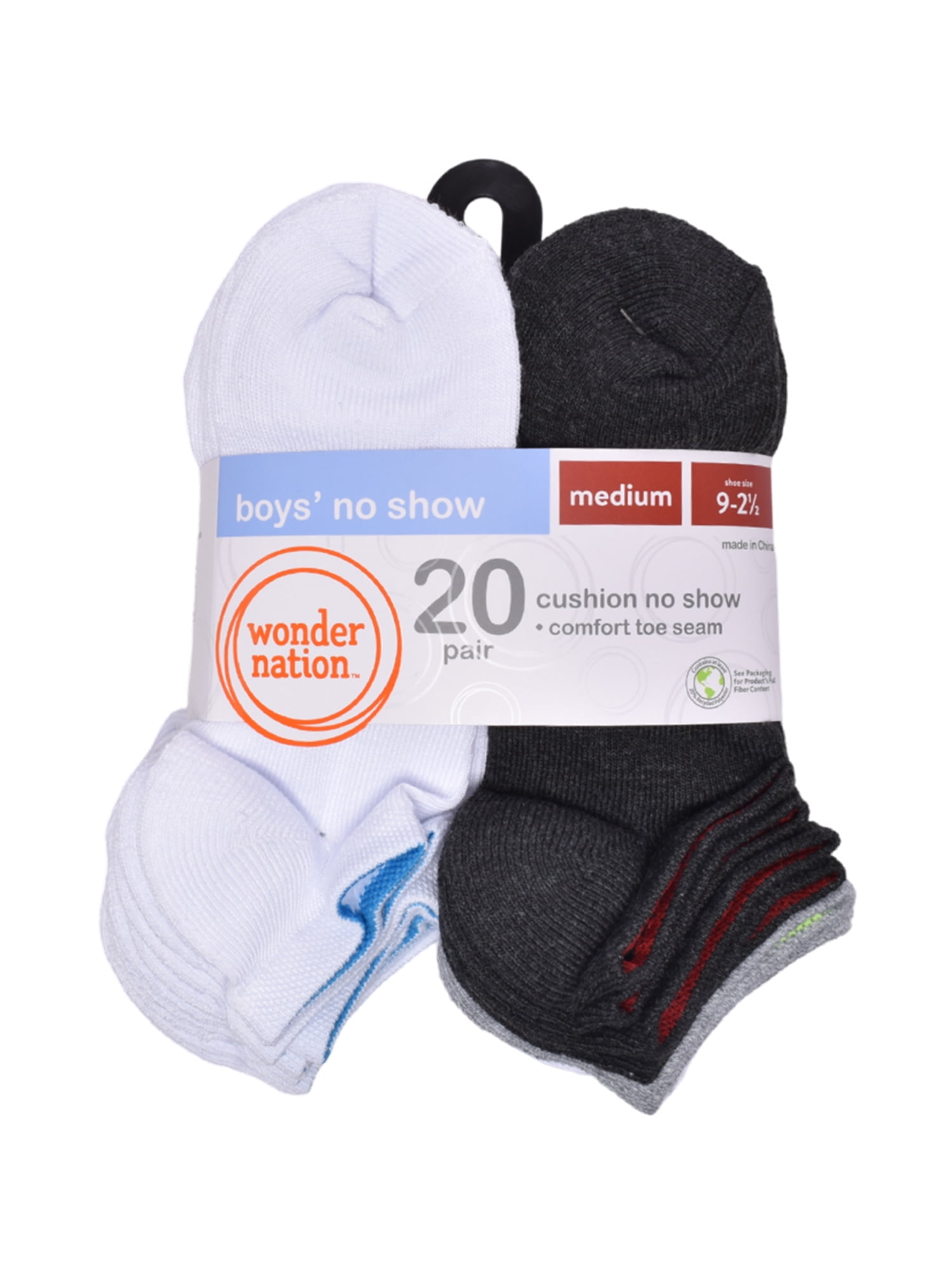 Wonder Nation Boys No Show Socks 20-Pack, Sizes S (6-10.5) - L (4-10)