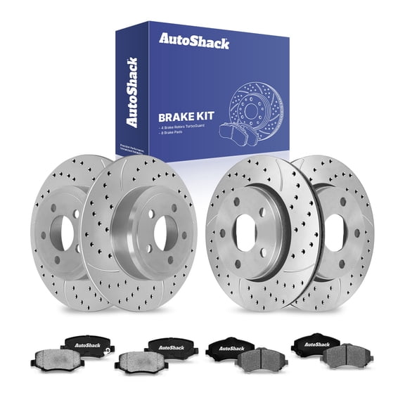 AutoShack Front Vented & Rear Solid Drilled & Slotted Coated Brake Rotors Silver Matte Finish   Ceramic Pads 12-PC Brake Kit Replacement for 2007-2017 Jeep Wrangler 2018 Jeep Wrangler JK TurboGuard