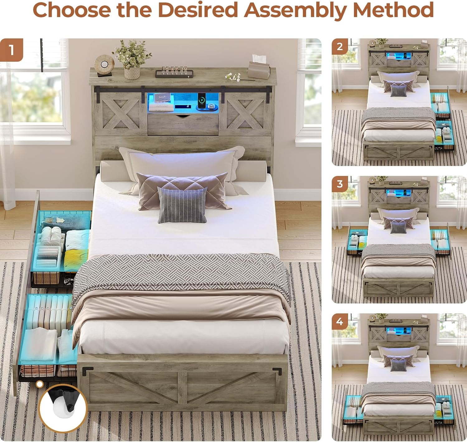 Twin XL Size Bed Frame with Headboard and Drawers, Farmhouse Twin XL Platform Bed Frame with LED Lights and Charging Station, No Box Spring Needed,Gray