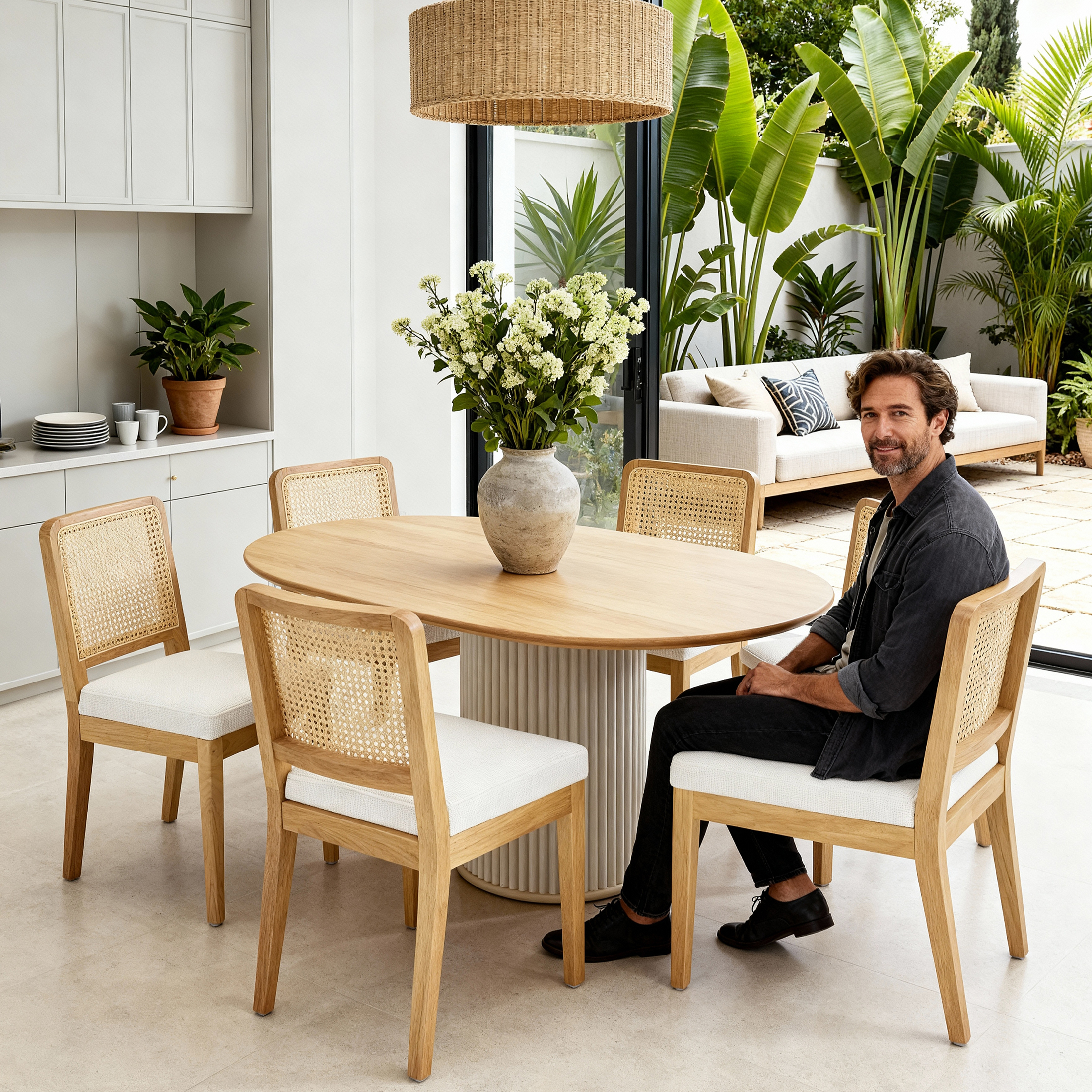 Guyou Farmhouse Rattan Dining Chairs Set of 6, Modern Wooden Kitchen Chairs with Cane Back, Chenille Upholstered Dining Room Chairs, Boho Wicker Woven Dining Side Chairs for Dining Room, White